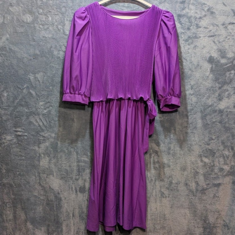 Vintage 80s Promises Promises Purple Pleated Midi Dress Puff Sleeve Sz 10 USA